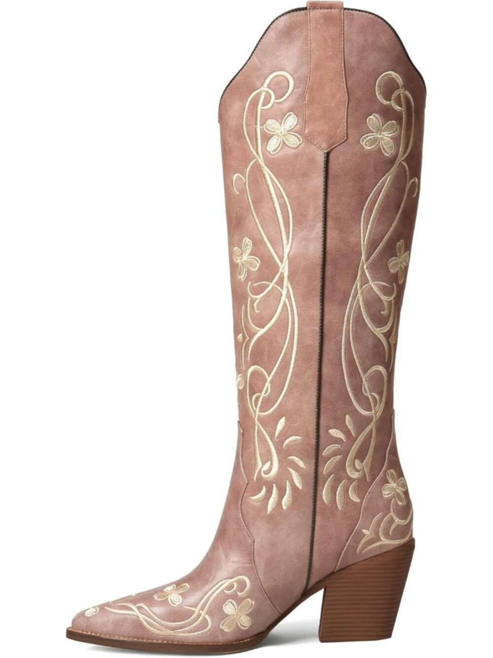Women's Vintage Pink Cowgirl High Knee Vintage with Floral Embroidered Footwear